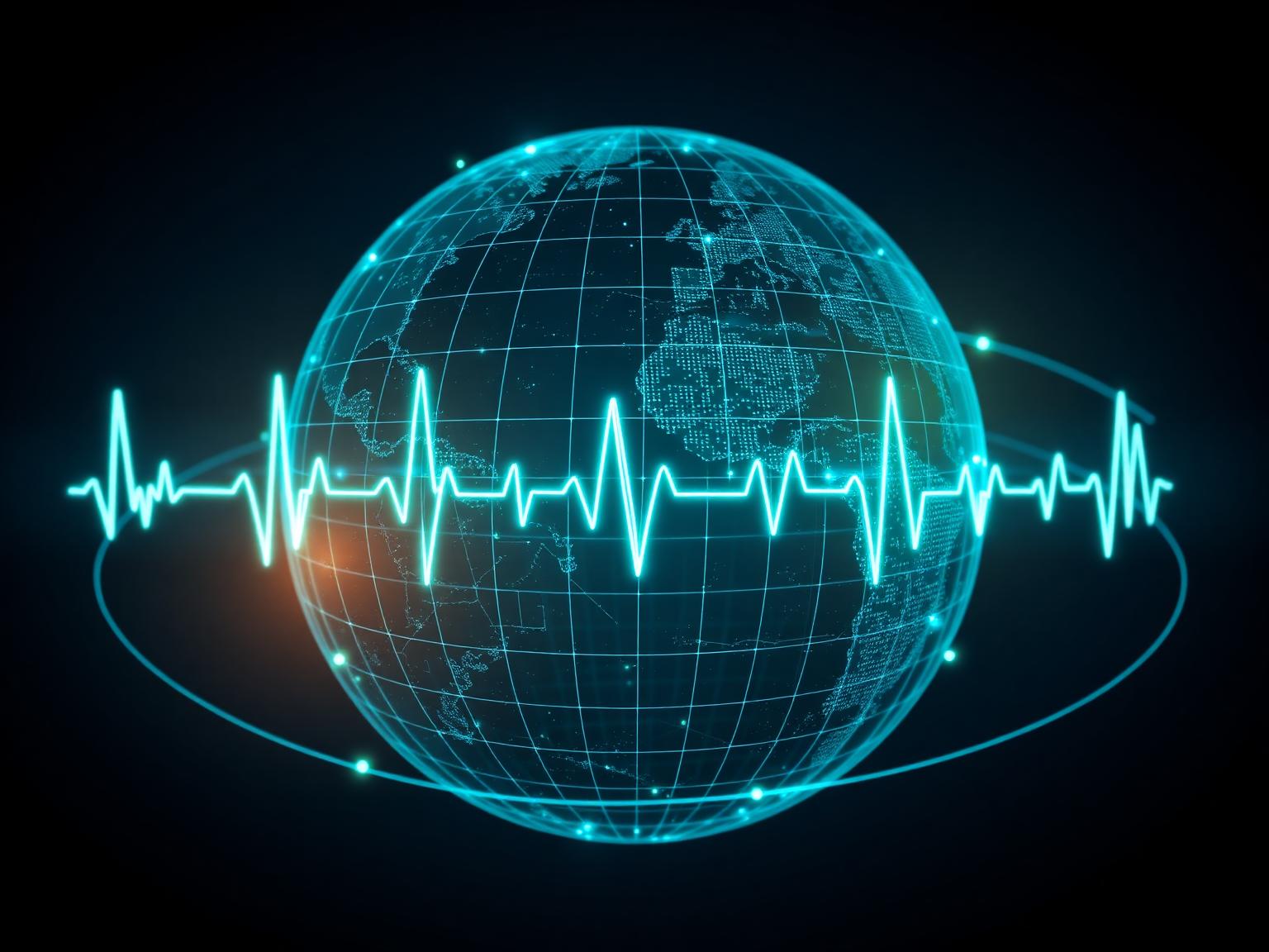 Global medical data network visualized as a holographic globe with ECG pulses